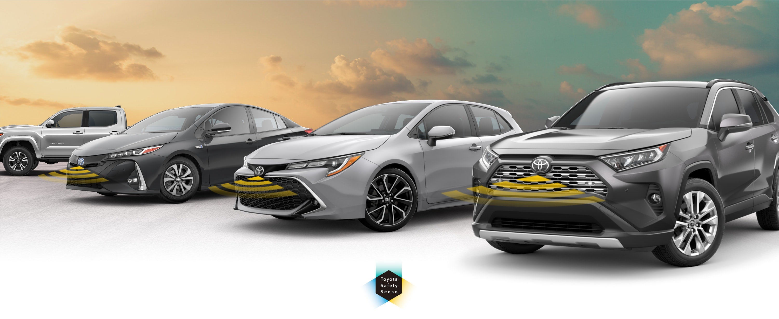 Toyota Safety Sense: Designed for Safety. Options shown on Toyota models including RAV4, Tacoma, and Camry, available now at Andy Mohr Toyota in Avon IN.